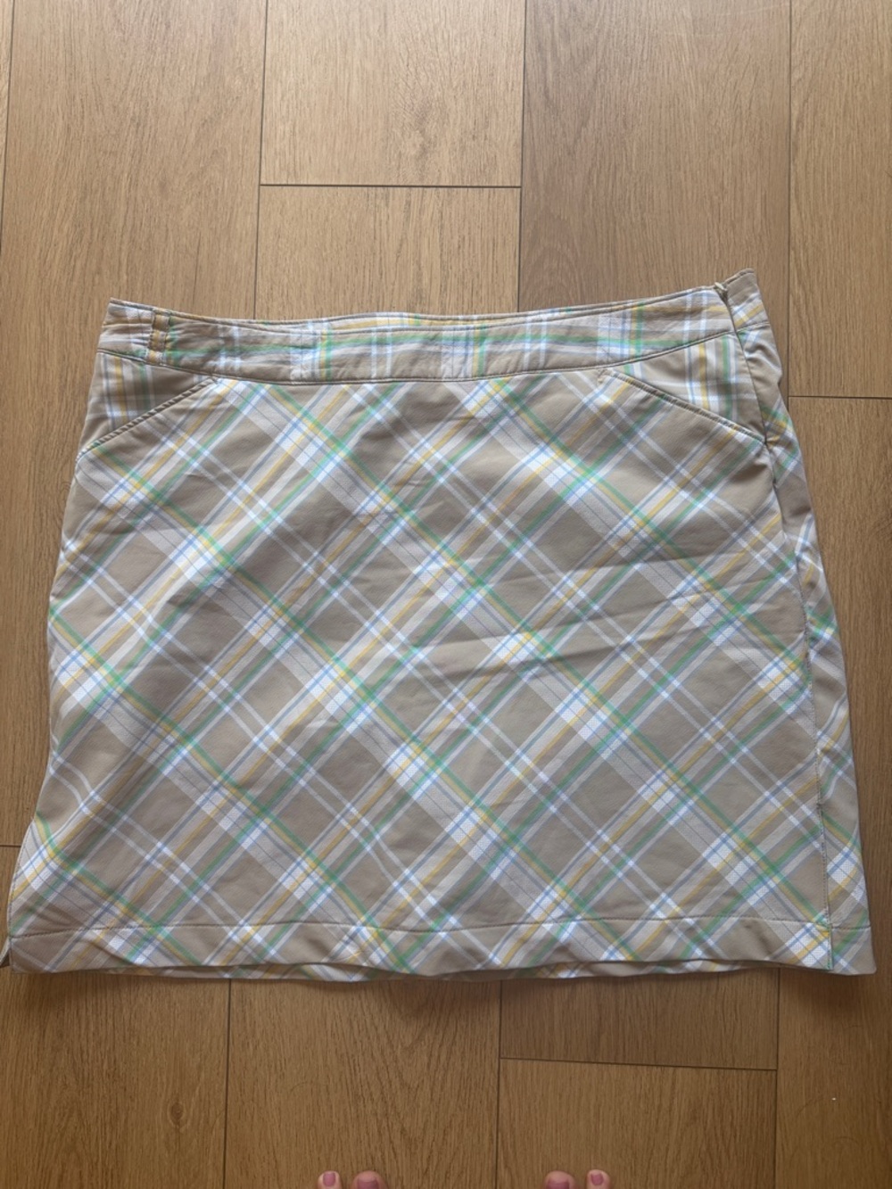 Callaway Beige Plaid Mini Skirt with Green & Yellow Stripes